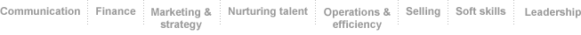 Communication, Finance, Marketing & strategy, Nurturing talent, Operations & efficiency, Selling, Soft skills, Leadership  